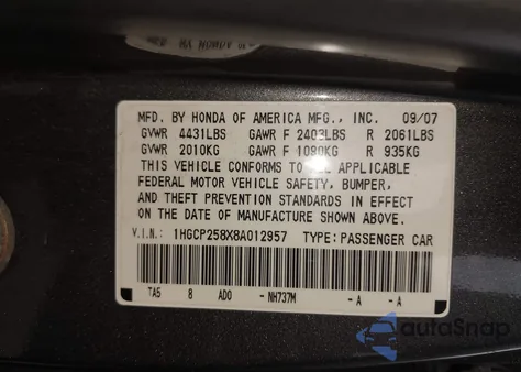 2008 Honda Accord 2.4 Ex-L из США, поврежденный, VIN 1HGCP258X8A012957